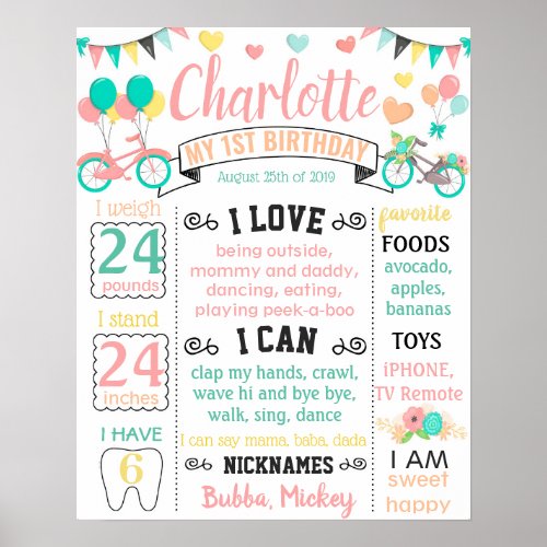 Bicycle Hearts Spring Birthday chalkboard Poster