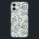 Bicycle Journey Blue iPhone 16 Plus Case<br><div class="desc">Bicycle and typography collage in teal and blue.</div>