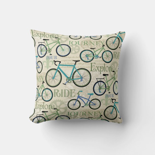 Bicycle Journey Blue Throw Pillow (Front)