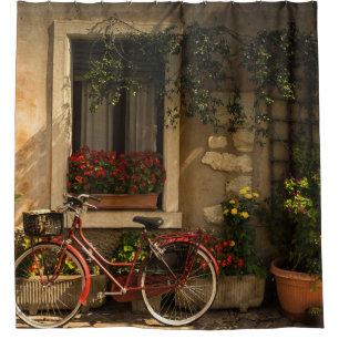 BICYCLE LEANING ON HOUSE SHOWER CURTAIN