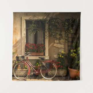 BICYCLE LEANING ON HOUSE TAPESTRY