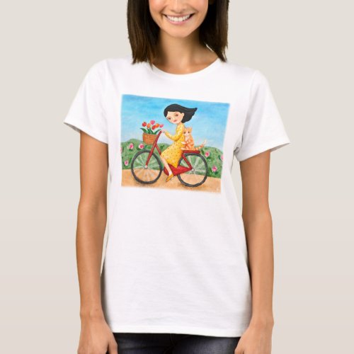 Bicycle Lover T_shirt Cute Girl  Cat on Bike art