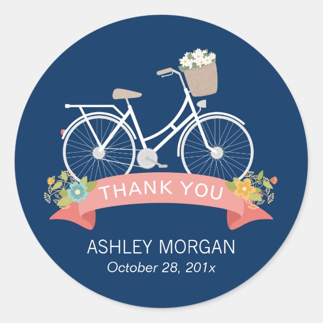 Bicycle Navy Blue Coral Pink Floral Thank You Classic Round Sticker