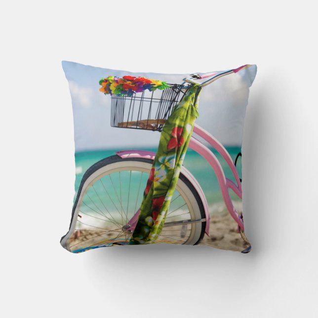 Bicycle On The Beach | Miami, Florida Throw Pillow (Front)