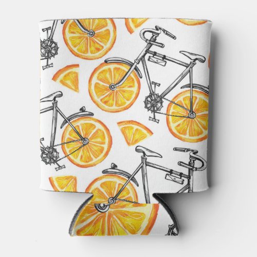 Bicycle Oranges Watercolor Summer Pattern Can Cooler