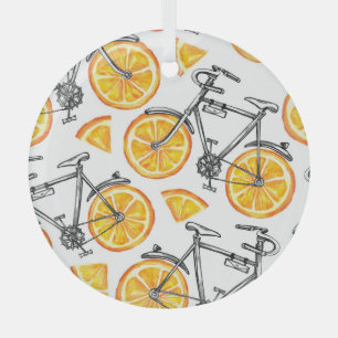 Bicycle Oranges: Watercolor Summer Pattern Glass Ornament