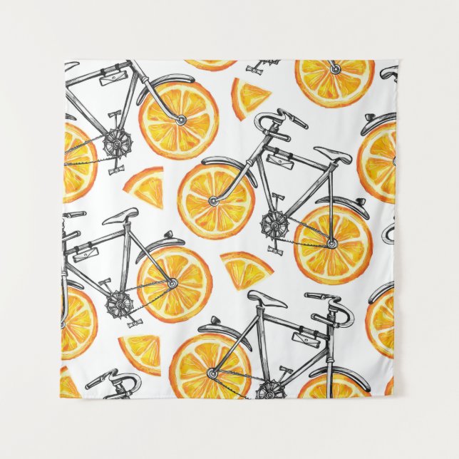 Bicycle Oranges: Watercolor Summer Pattern Tapestry (Front)