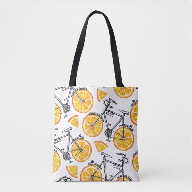 Bicycle Oranges: Watercolor Summer Pattern Tote Bag (Front)
