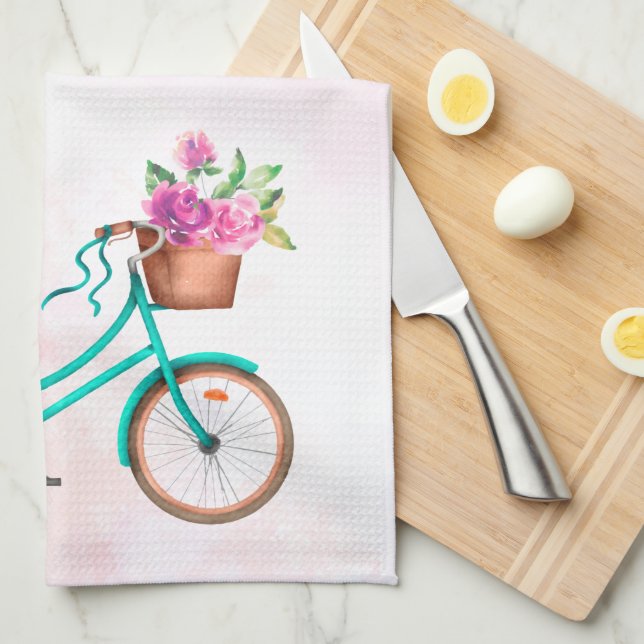 Bicycle & Pink Roses Kitchen Towel (Quarter Fold)