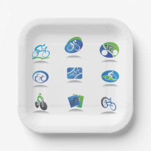 Bicycle Racing Icons Blue and Green Sport Paper Plates