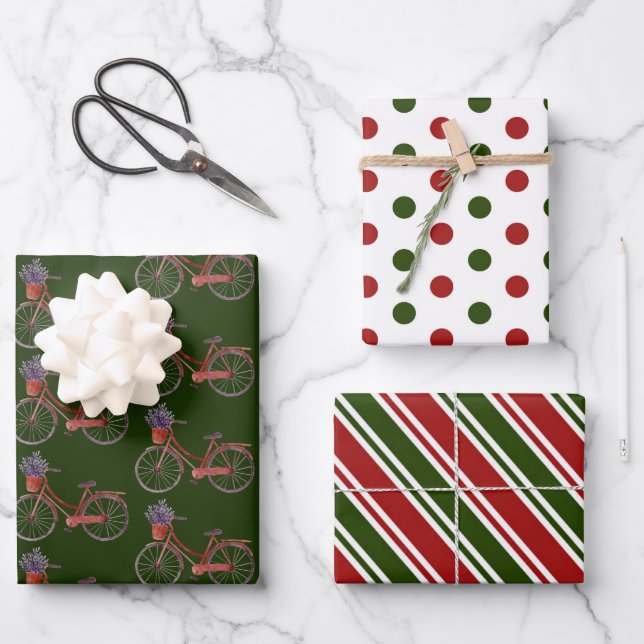 Bicycle Red and Green Christmas   Wrapping Paper Sheets (Front)