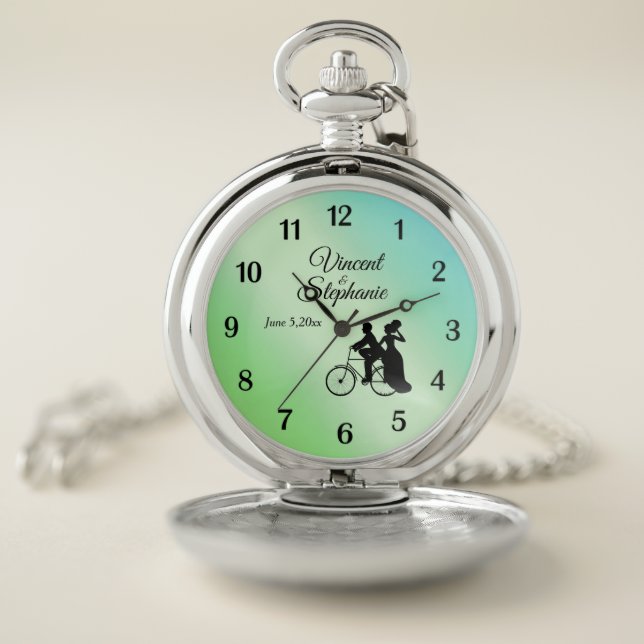 Bicycle Theme Wedding Mint Face Black Numbers Pocket Watch (Inside)