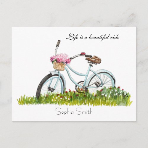 Bicycle with basket of flowers postcard