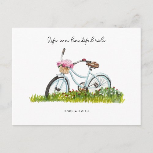 Bicycle with basket of flowers postcard