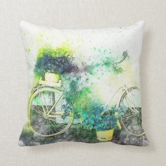 Bicycle With Blue Flowers  Throw Pillow