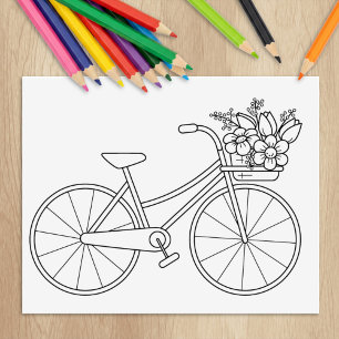 Bicycle with Flower Basket Coloring Page Rubber Stamp