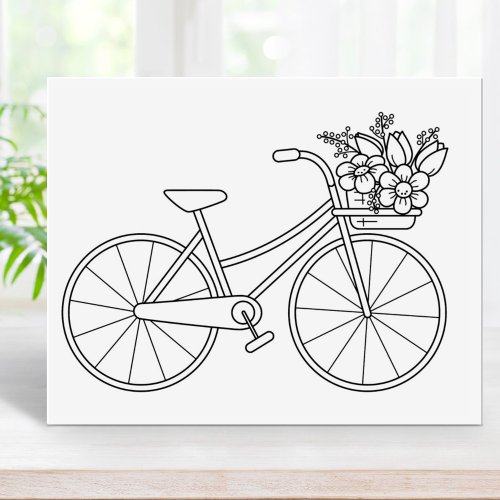 Bicycle with Flower Basket Coloring Page Rubber Stamp