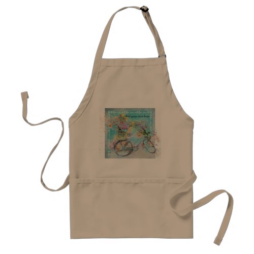 Bicycle with flower baskets on blue burlap adult apron