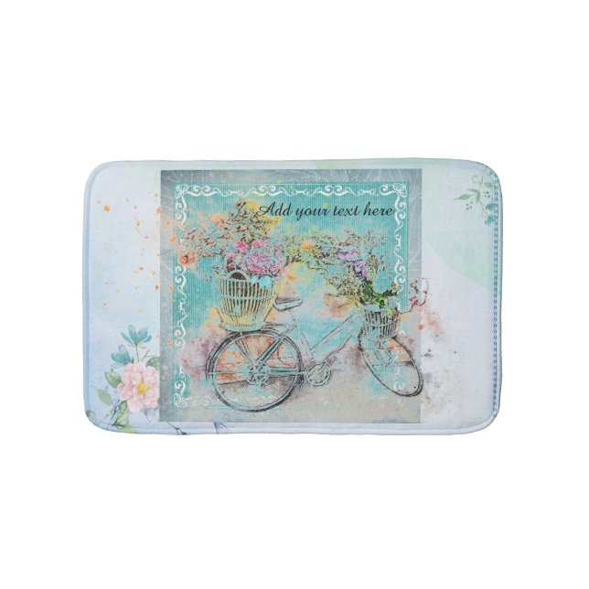 Bicycle with flower baskets on blue burlap bathroom mat (Front)