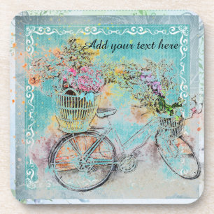 Bicycle with flower baskets on blue burlap drink coaster