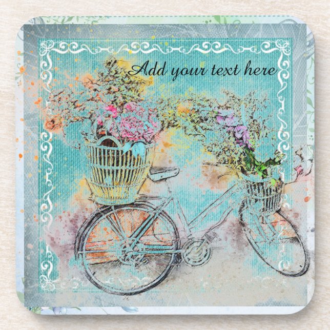 Bicycle with flower baskets on blue burlap drink coaster (Front)