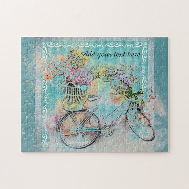 Bicycle with flower baskets on blue burlap jigsaw puzzle (Horizontal)