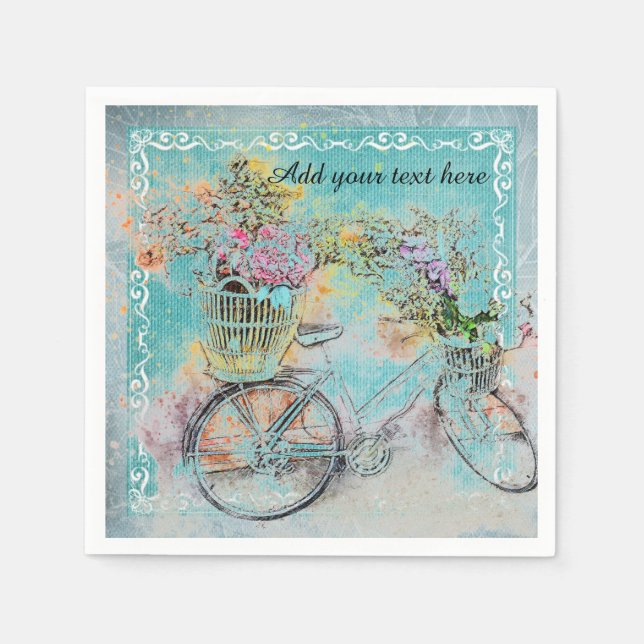 Bicycle with flower baskets on blue burlap napkins (Front)