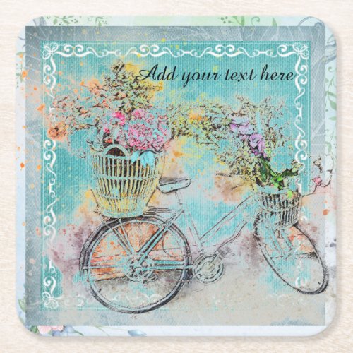 Bicycle with flower baskets on blue burlap square paper coaster