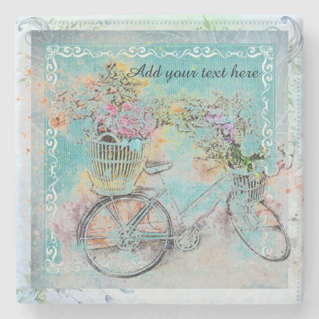 Bicycle with flower baskets on blue burlap stone coaster (Front)