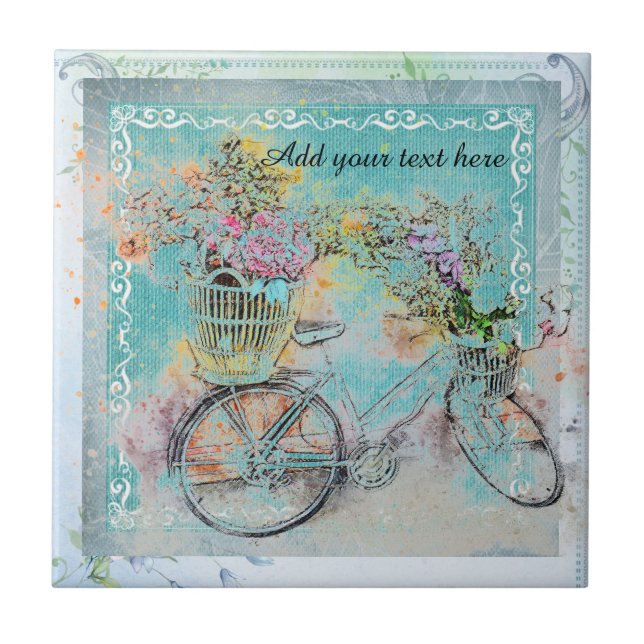 Bicycle with flower baskets on blue burlap tile (Front)