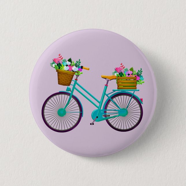 Bicycle With Flowers in Basket Bike Button (Front)