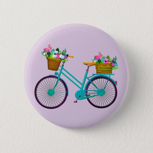 Bicycle With Flowers in Basket Bike Button