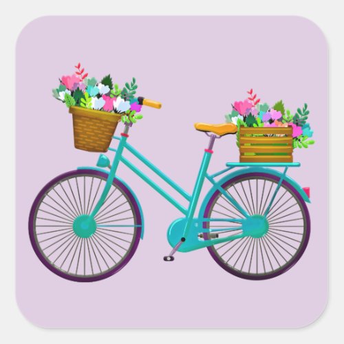 Bicycle With Flowers in Basket Bike Square Sticker