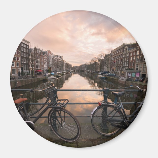 Bicycles at sunset in Amsterdam Magnet (Front)