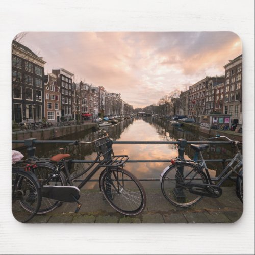 Bicycles at sunset in Amsterdam Mouse Pad