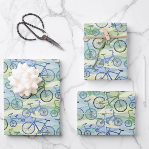 Bicycles Blue Green Wrapping Paper Sheets