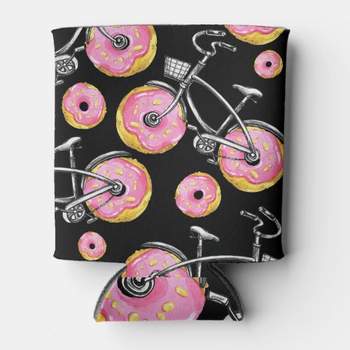 Bicycles Donuts Wheels Watercolor Pattern Can Cooler