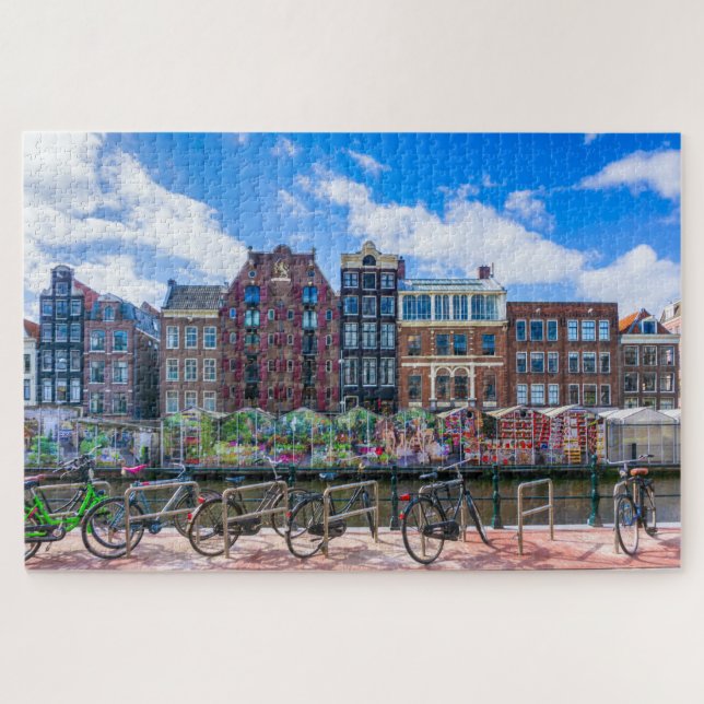 Bicycles Houses Along Amsterdam Canal Netherlands Jigsaw Puzzle (Horizontal)