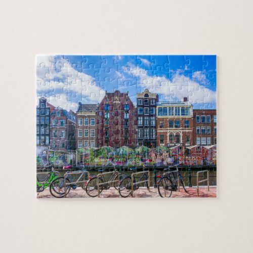 Bicycles Houses Along Amsterdam Canal Netherlands Jigsaw Puzzle