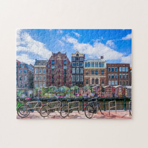 Bicycles Houses Along Amsterdam Canal Netherlands Jigsaw Puzzle