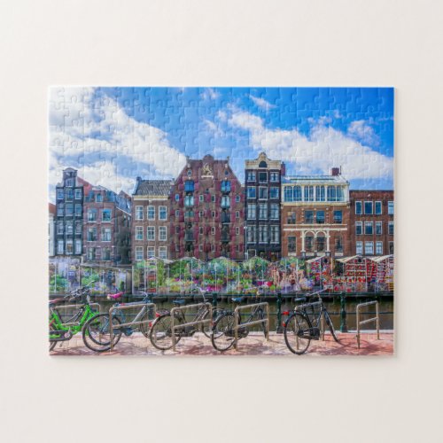 Bicycles Houses Along Amsterdam Canal Netherlands Jigsaw Puzzle