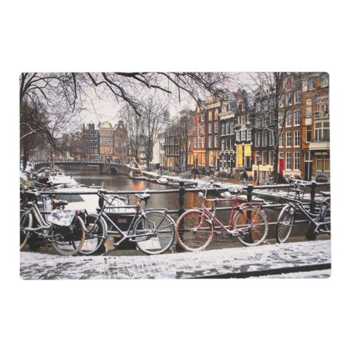 Bicycles in the snow in Amsterdam Placemat