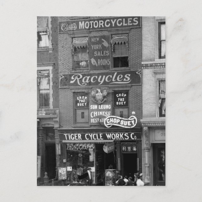 Bicycles, Motorcycles, and Chop Suey, early 1900s Postcard (Front)