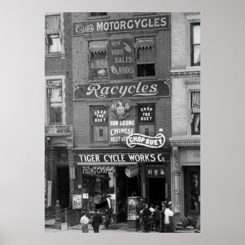 Bicycles Motorcycles and Chop Suey early 1900s Poster