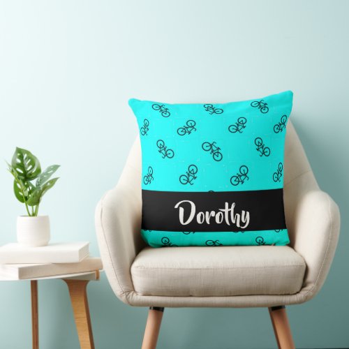 Bicycles pattern on blue throw pillow