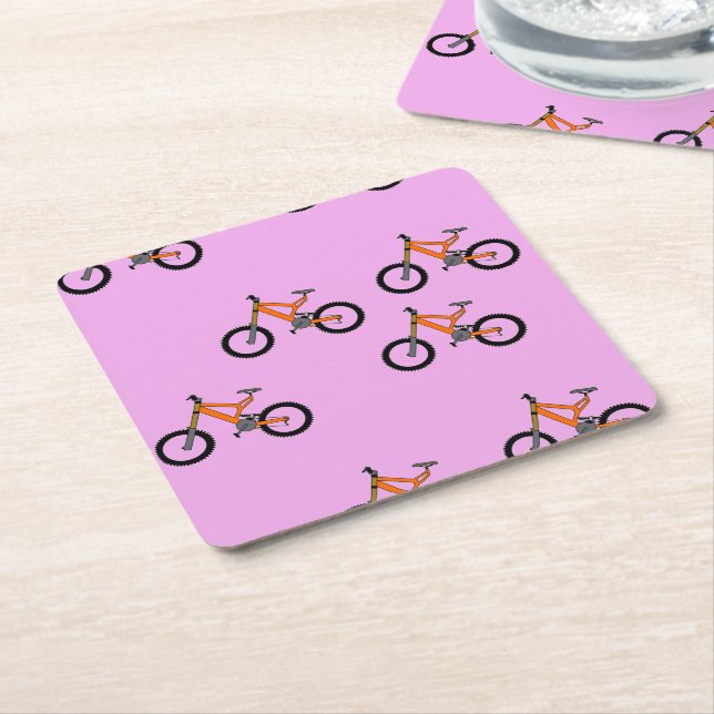 Bicycles pattern on pink square paper coaster (Angled)