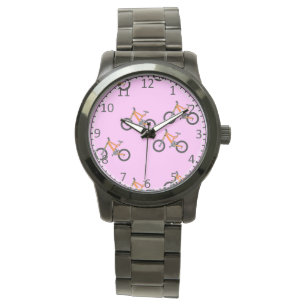 Bicycles pattern on pink watch