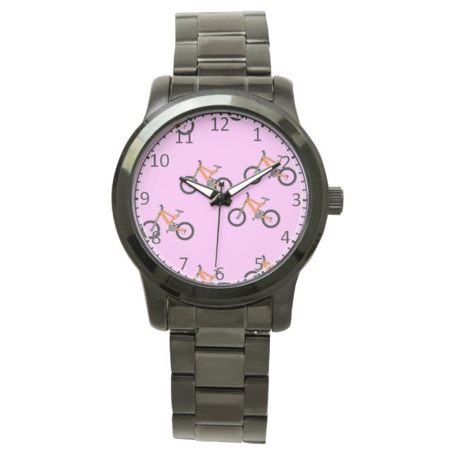 Bicycles pattern on pink watch (Front)