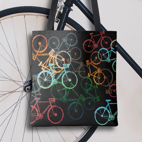 bicycles tote bag  colored bikes on black