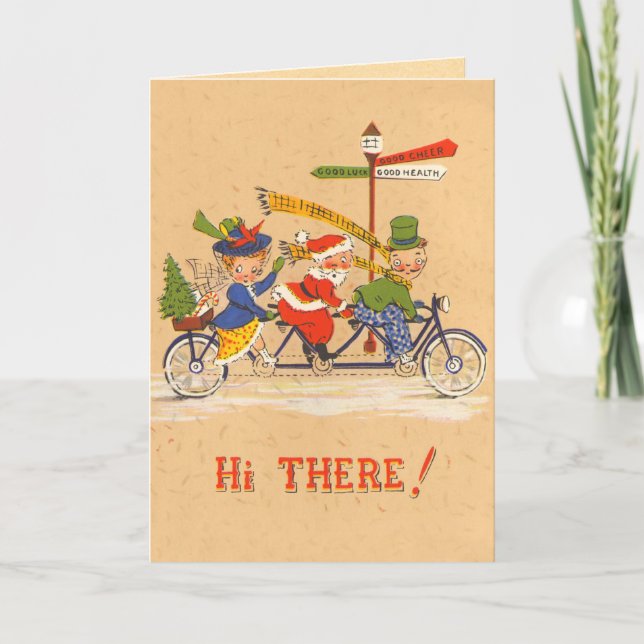 Bicycling Santa Vintage Christmas Card (Front)